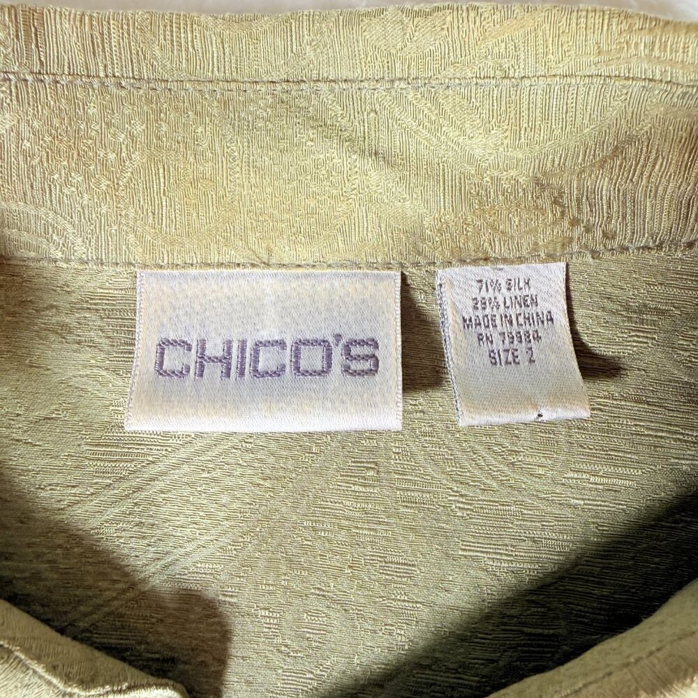 Chicos Shirt Womens‎ Size 2 Green Silk & Linen Textured Paisley Button Pocket - Picture 2 of 7